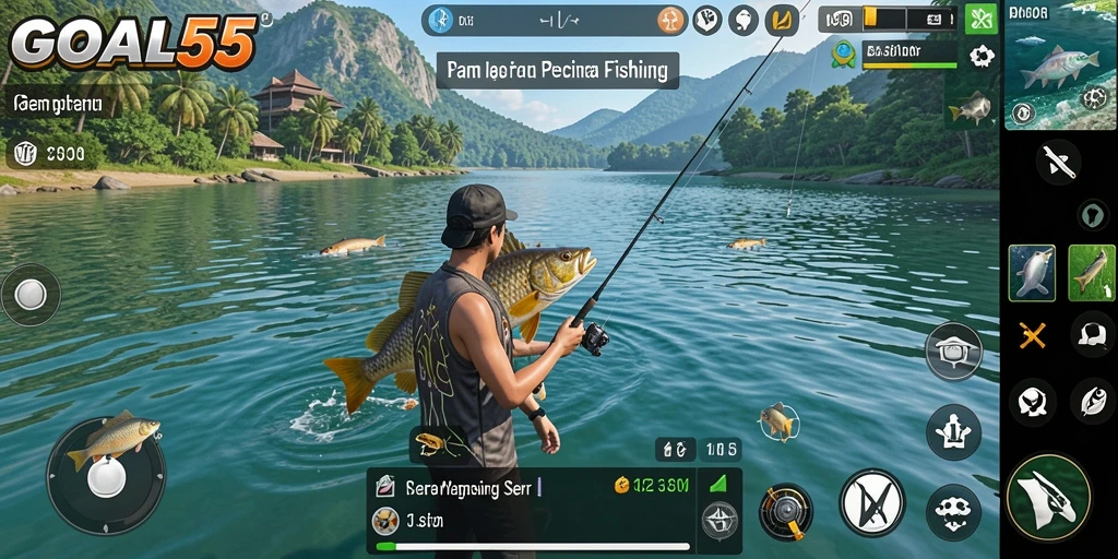 Tampilan gameplay seru dalam GOAL55 dengan berbagai lokasi memancing.