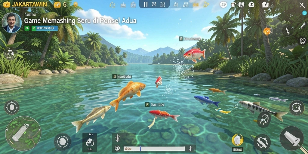 Tampilan gameplay JAKARTAWIN dengan aksi memancing yang seru.