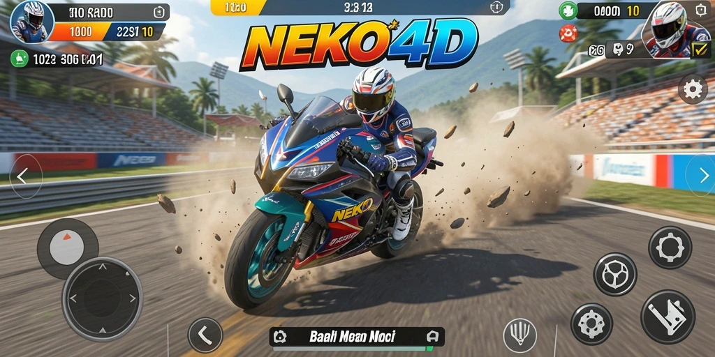 Screenshot gameplay NEKO4D menunjukkan aksi balapan motor yang seru.