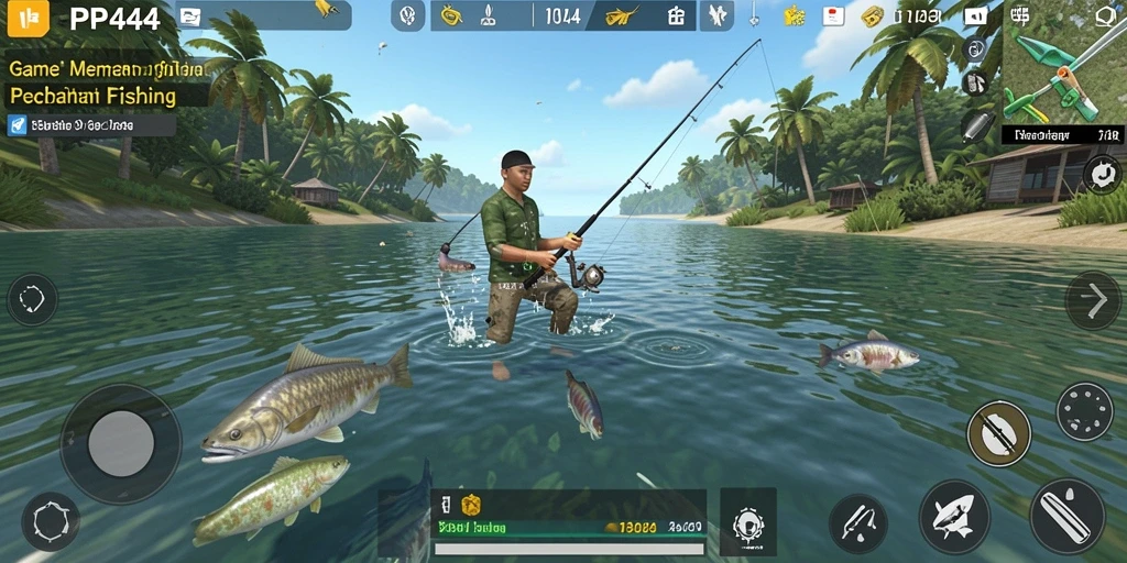 Screenshot gameplay PP444 menampilkan pemain sedang memancing di danau yang indah.