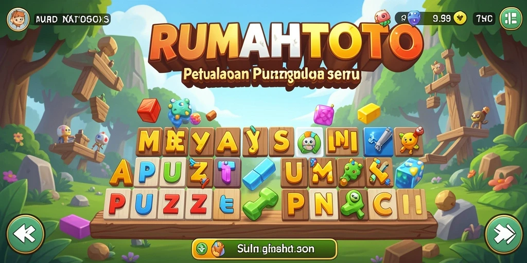 Tampilan gameplay RUMAHTOTO dengan simbol berwarna-warni dan tantangan menjelajahi level.
