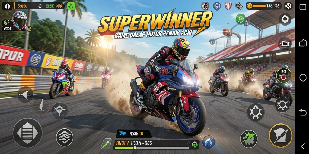 Tampilan aksi seru dalam balapan motor SUPERWINNER.